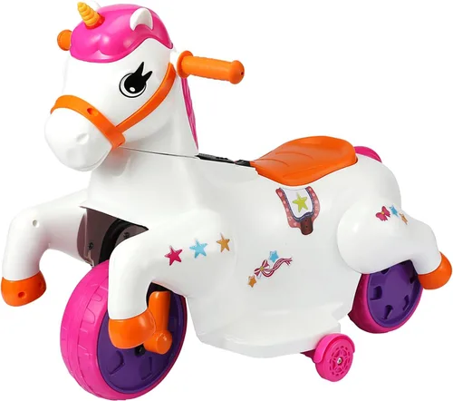 Monta en unicornio. Fácil de cambiar un caballo mecedora eléctrico. El juguete eléctrico de unicornio con música, F&R y almohadilla para los pies.