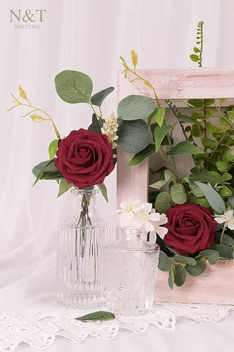 Miniatura 156 de N&T NIETING Flores artificiales, rosas artificiales de color rosa intenso, 50 piezas de flores falsas con tallo para ramos de boda DIY, centros