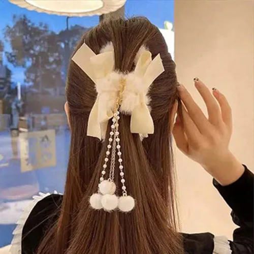 Miniatura 6 de Jumwrit Pinzas para el cabello con mandíbula de plátano peludas con lazos, borlas de perlas y fijación fuerte para mujeres y niñas, accesorios
