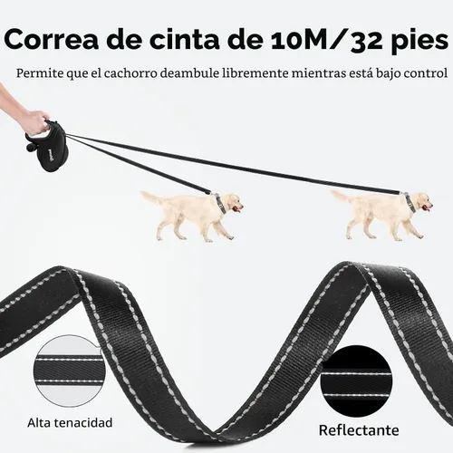 Miniatura 2 de Pecute Correa retráctil para perro de 32 pies con tiras reflectantes, sin enredos de 360°, control de un botón y material de nailon resistente