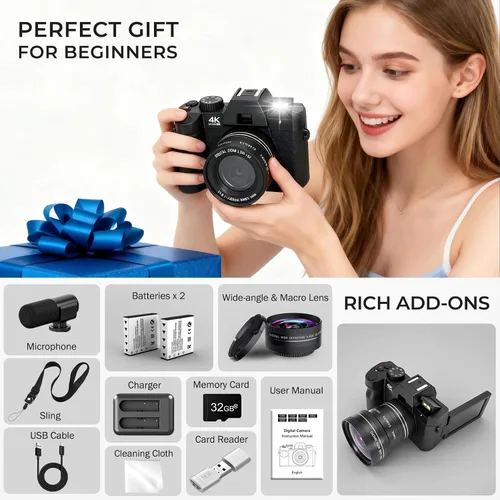 Miniatura 7 de Cámara digital 4K para fotografía con WiFi, cámara de videoblogs con autofoco para YouTube con pantalla giratoria, viene con 2 baterías, lente gran