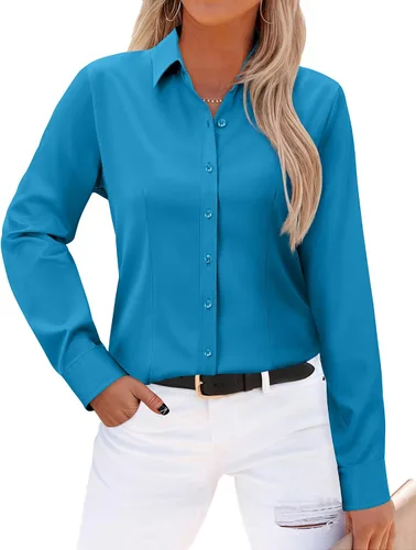 Miniatura 29 de Gleeivy - Camisas abotonadas para mujer, sin arrugas, de manga larga, camisas de vestir casuales con cuello V, ajustadas, de un solo