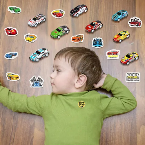 Miniatura 5 de Juego de 98 piezas de suministros de fiesta de autos de carreras, juego de decoración temática de cumpleaños con mini autos de carreras, juguetes