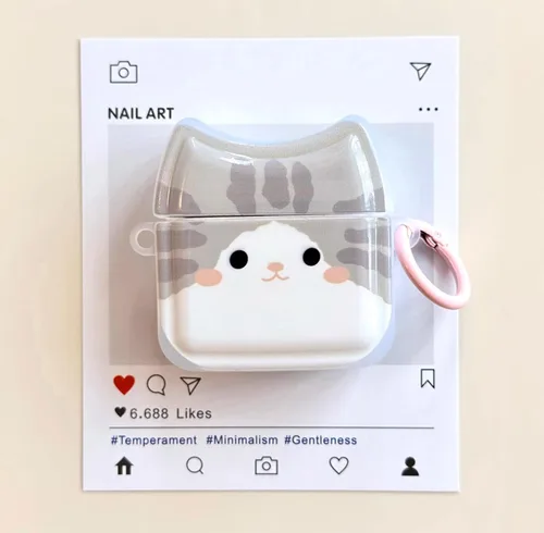 Miniatura 5 de Funda para auriculares de gato gris sonriente para AirPods 1/2, bonita y encantadora cara de gato feliz, funda de silicona TPU suave, funda
