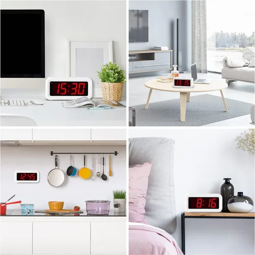 Miniatura 7 de Reloj despertador, reloj digital, modo nocturno automático, brillo LED de 3 niveles, funciona con pilas, 12/24 horas, pantalla de dígitos rojos