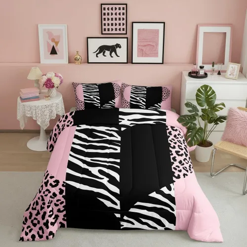 Miniatura 29 de Castle Fairy Juego de edredón con estampado de leopardo rosa y negro, juego de colcha de retazos de piel de cebra, tamaño King, para niños, niñas