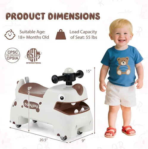 Miniatura 6 de BABY JOY Juguetes para niños pequeños, auto deslizante de pie a piso con almacenamiento debajo del asiento, luces, música y bocina, 4 ruedas Blanco