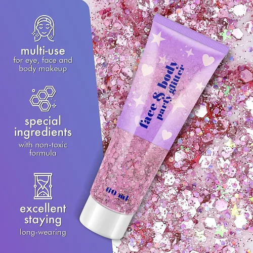 Miniatura 2 de Gel de purpurina corporal, 2 frascos de gel con purpurina facial y lentejuelas para cabello, labios, sombra de ojos, uñas, gel de purpurina gruesa