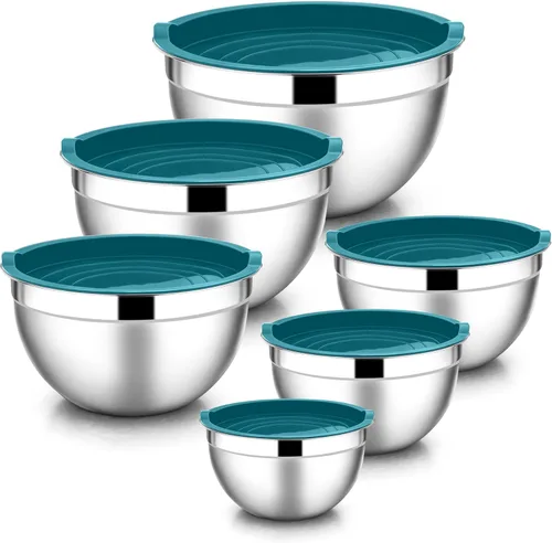 Miniatura 15 de E-far Tazones para mezclar con tapas, juego de 6 piezas de tazones para ensalada de acero inoxidable, tazones de metal anidables para hornear, Azul