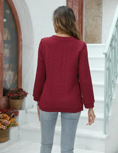Miniatura 6 de FUNJULY Suéter de maternidad de punto trenzado para mujer, cuello redondo, manga larga, para embarazo, lactancia, doble división con botones