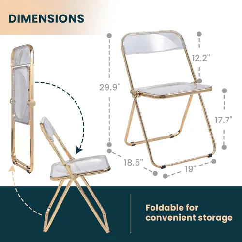 Miniatura 3 de LeisureMod Juego de 2 sillas plegables modernas de acrílico transparente Silla de escritorio con marco de metal dorado Cómoda silla decorativa