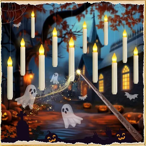 Homemory Vela Flotante con Control Remoto de Varita, 12 Piezas Candelabros Mágicos Decoraciones de Bruja, Velas Cónicas Amarillas Cálidas Sin Llama