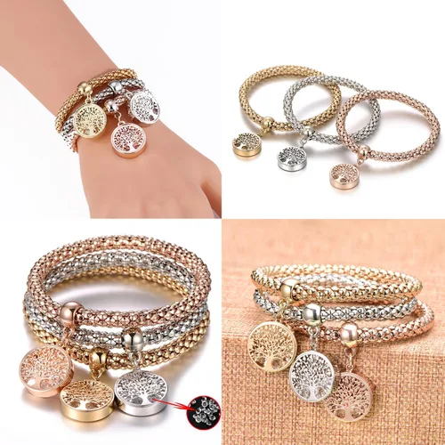 Miniatura 3 de GuGoLar 12 pulseras de cadena de maíz de oroplataoro rosa de cristal multicapa de mariposa círculo de corazón medallón de árbol de la vida