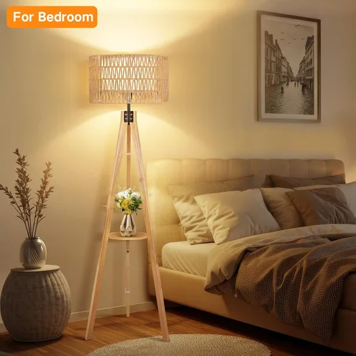 Miniatura 34 de OUTON - Lámpara de pie de trípode de madera con estantes, lámpara de pie de mediados de siglo con control remoto, 4 temperaturas de color, lámpara
