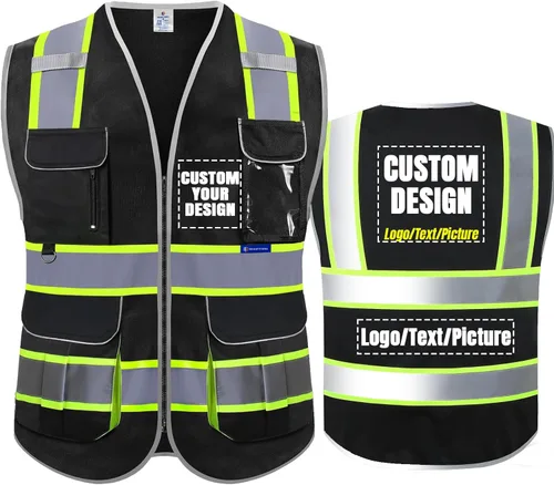BeautyWill Chaleco de seguridad con logotipo personalizado, certificado ANSI, 8 bolsillos, Clase 2, chaleco reflectante de alta visibilidad para