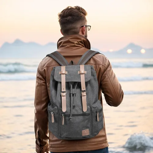 Miniatura 2 de DTGN Mochila de lona vintage para hombres y mujeres, mochila casual duradera con acento de cuero, se adapta a la universidad, trabajo, viajes y al