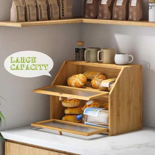 Miniatura 6 de BMOSU Panera grande para encimera de cocina, panera de doble capa para encimera de cocina, panera de madera de bambú con capacidad de almacenamiento