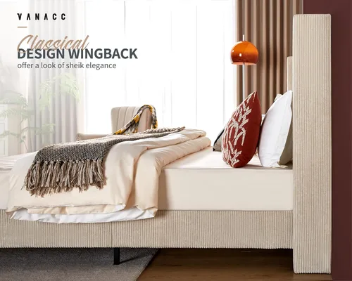 Miniatura 4 de VanAcc Base de cama de plataforma tamaño Queen, cama tapizada de pana de 50.8 pulgadas con cabecera capitonada de canal vertical, listones de Crema