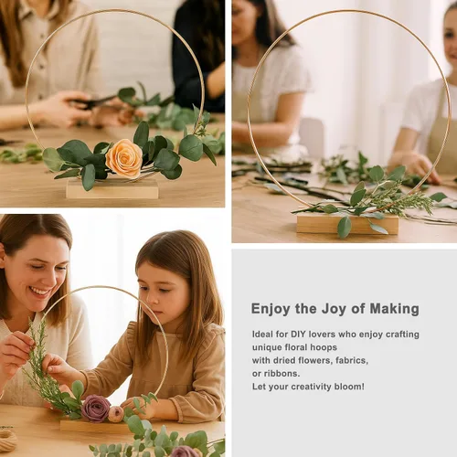 Miniatura 3 de Paquete de 10 aros florales con soporte de madera de 10 pulgadas, anillos de metal para centros de mesa de bricolaje, decoraciones de mesa