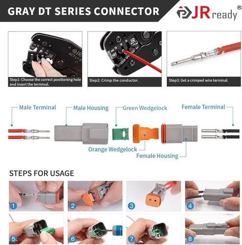 Miniatura 6 de JRready ST6327-8 Kit de conectores Deutsch de 8 pines serie DT, conector DT gris impermeable de 8 pines (5 juegos), tamaño 16 contactos estampados