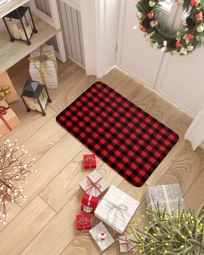 Miniatura 2 de Tapetes de Navidad para Exteriores/Interiores con Patrón Rústico de Cuadros de Búfalo Rojo y Negro Antideslizantes, Tapete de Bienvenida para Puerta