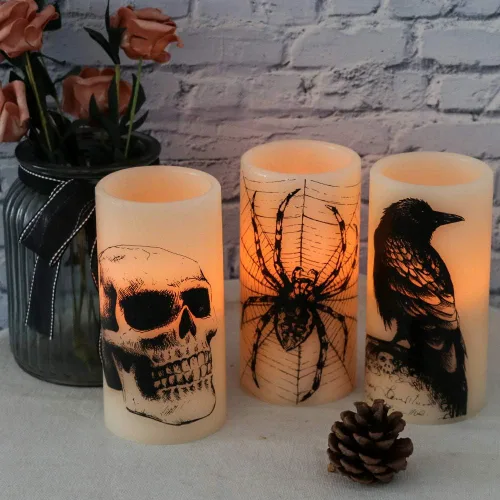 Miniatura 4 de Wondise Velas parpadeantes sin llama de Halloween con temporizador de 6 horas, velas LED de cera real que funcionan con pilas, juego de 3 velas