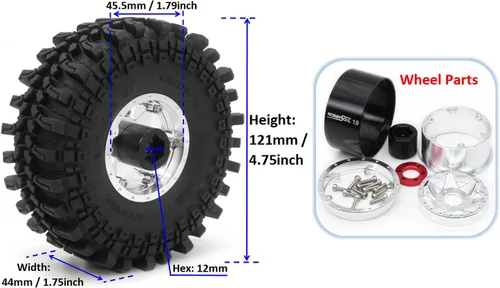 Miniatura 2 de HOBBYSOUL Ruedas y neumáticos RC 1.9 Beadlock, altura 4.75 pulgadas/4.764 in neumáticos y 4 compensaciones negativas ajustables 1.9 ruedas llantas