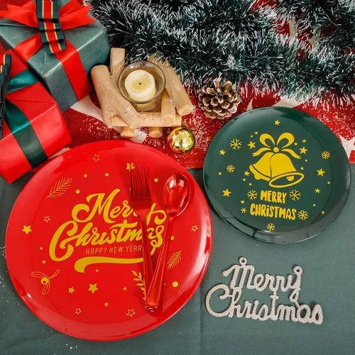 Miniatura 9 de WDF 175 piezas de platos de Navidad de plástico desechables - 25 platos verdes, 25 platos rojos con campanas doradas, 75 cubiertos de plástico Bell