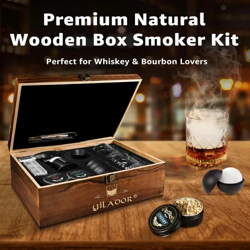 Miniatura 2 de Kit de ahumador de whisky eléctrico con antorcha, caja de madera premium, 4 astillas de madera, moldes para hielo, recetas, kit de ahumador