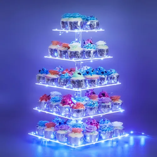 Miniatura 7 de weddingwish Soporte para cupcakes, soporte cuadrado de acrílico de 4 niveles con cadena de luces LED, torre de postre para pastelería