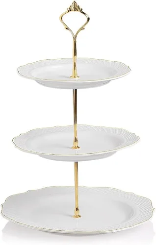 Miniatura 22 de Sweejar Soporte de cerámica para tartas de 3 niveles, soporte para postres, soporte para cupcakes, bandeja para servir pasteles de fiesta de té