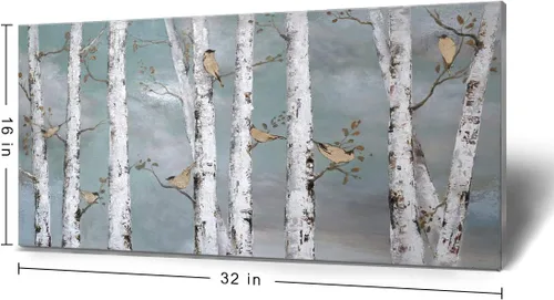 Miniatura 3 de AMATOP Arte de pared turquesa 100% pintado a mano, pintura al óleo de paisaje forestal en lienzo, obra de arte enmarcada original, pájaro dorado