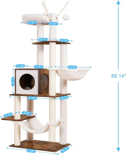 Miniatura 3 de Hey-brother Árbol de madera para gatos, muebles para gatos de 66.1 pulgadas con postes rascadores, torre moderna para gatos con hamacas, juguetes