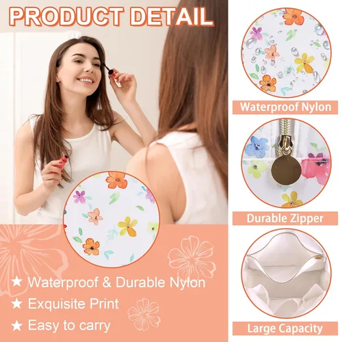 Miniatura 3 de UIXIZQ Bolsa impermeable grande con flores para maquillaje, bolso de viaje de nailon para almacenamiento de artículos de tocador, bolsa cosmética