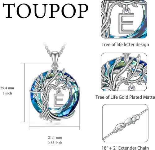 Miniatura 5 de TOUPOP Collar con inicial de árbol de la vida para mujer, plata de ley 925 con dije de letra A a Z con dije de inicial con cristal de círculo azul