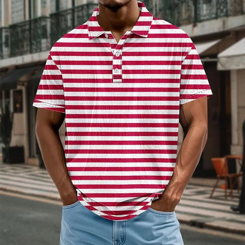 Miniatura 2 de Camisa polo de manga corta para hombre, camiseta de golf a rayas, de manga corta, para vacaciones, casual, cuello en V, camiseta de verano con Rojo