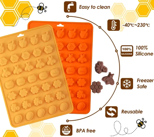 Miniatura 7 de Webake Molde de chocolate para dulces de abeja con 7 formas diferentes, molde de silicona de abeja de 35 cavidades para decoración de cupcakes