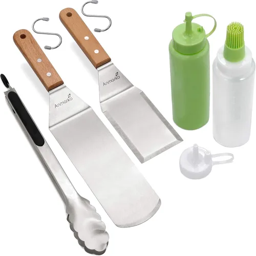 Miniatura 11 de Anmarko Juego de espátulas para parrilla - Espátula larga de metal - Raspador de parrilla y volteador de tortitas o espátula para pizza - Espátula