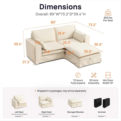 Miniatura 2 de Sofá modular lavable de gran tamaño de 89 pulgadas, sofá nube con funda totalmente extraíble, sofás seccionales para sala de estar, tela