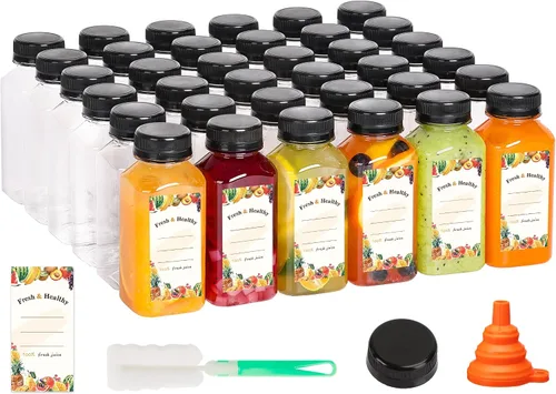 Miniatura 8 de Moretoes 12 botellas de plástico para jugo de 8 onzas con tapas, botellas de agua reutilizables vacías transparentes, recipientes desechables