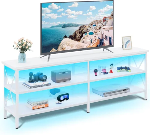 Miniatura 7 de WLIVE Moderno soporte de TV para TV de 65 pulgadas, centro de entretenimiento con estantes abiertos ajustables y luces LED RGB, consola multimedia