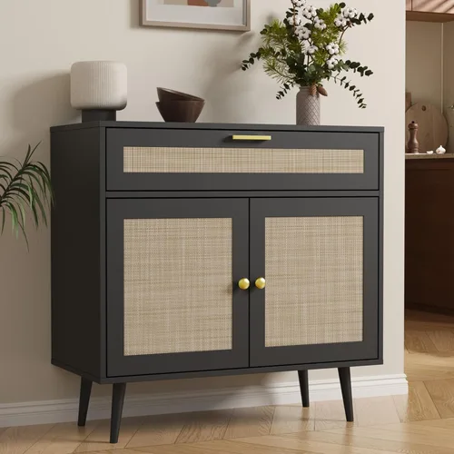 Furnify Aparador de ratán buffet, armario de cocina bohemio con cajón y 2 puertas, armario moderno de mediados de siglo con estante ajustable, barra