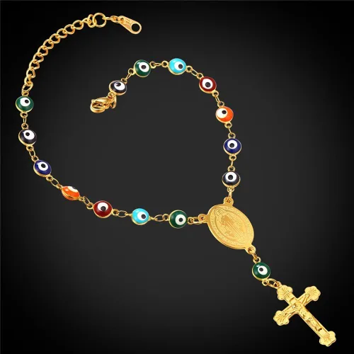Miniatura 4 de U7 Collar de rosario de acero inoxidable para hombre y mujer, con cruz de ojo malvado