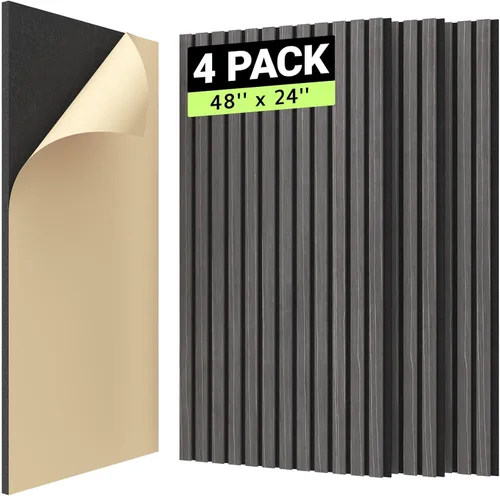 Miniatura 8 de TONOR 4 paneles de listones de madera, paneles acústicos adhesivos de 48 x 24 pulgadas para pared, paneles decorativos 3D estriados para absorción