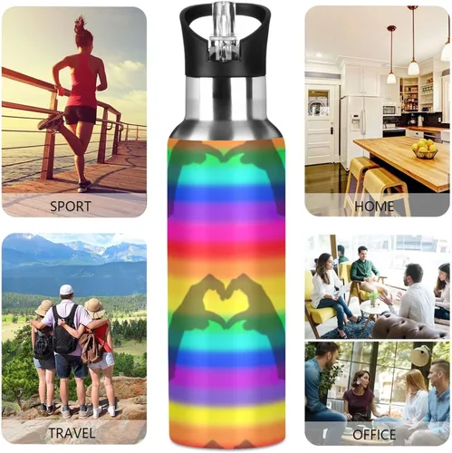 Miniatura 5 de Rainbow Stripes - Botella de agua aislada de acero inoxidable con pajilla, botellas de agua a prueba de fugas, botella de agua deportiva sin BPA
