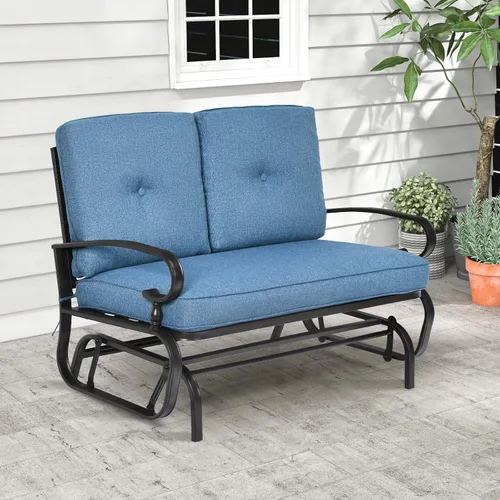 Miniatura 3 de Tangkula Silla mecedora para exteriores, banco planeador de patio para 2 personas, sofá biplaza mecedora para exteriores con marco de acero y Azul