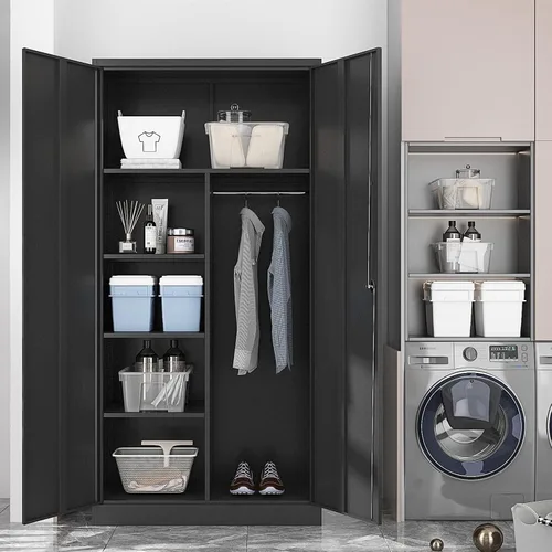Miniatura 7 de Yizosh Armario de metal para colgar ropa con puertas de cerradura, armario de acero con cerradura de 72 pulgadas, organizador de ropa para Negro