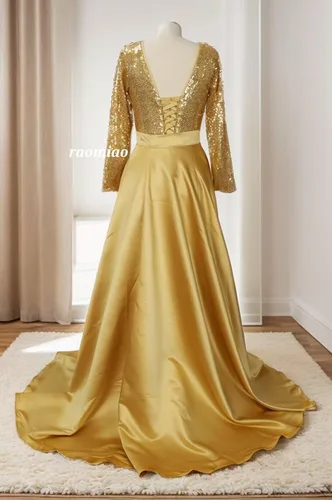 Miniatura 5 de Vestido de fiesta de lentejuelas de manga larga con cuello en V, vestido de fiesta dividido de satén con cola desmontable, vestido de noche formal
