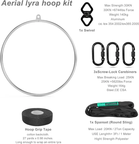Miniatura 2 de Juego completo de aro aéreo Lyra - Equipo de anillos aéreos, incluye una Lyra de acero inoxidable (diámetro de tubo de 32 mm) y mosquetones, giro