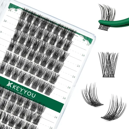 Miniatura 122 de KEYYOU Racimos de pestañas, 96 piezas de extensiones de pestañas DIY, rizado D de 16 mm, negro, realista, no irritante, fácil de colocar en casa